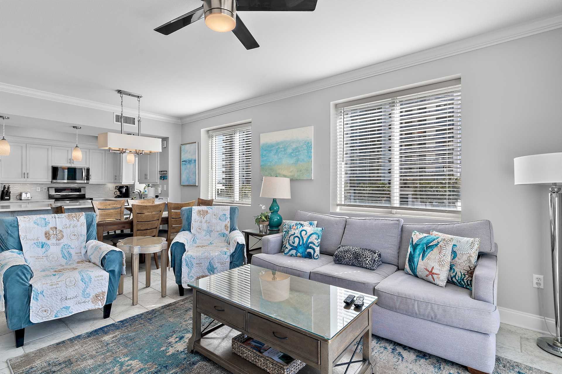 Coastal-inspired living room with beach views and comfy seat
