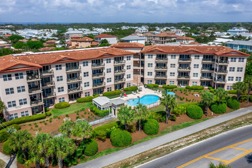 Aerial view of Emerald Waters. Learn more about the vacation rentals at Emerald Waters near Destin, FL.