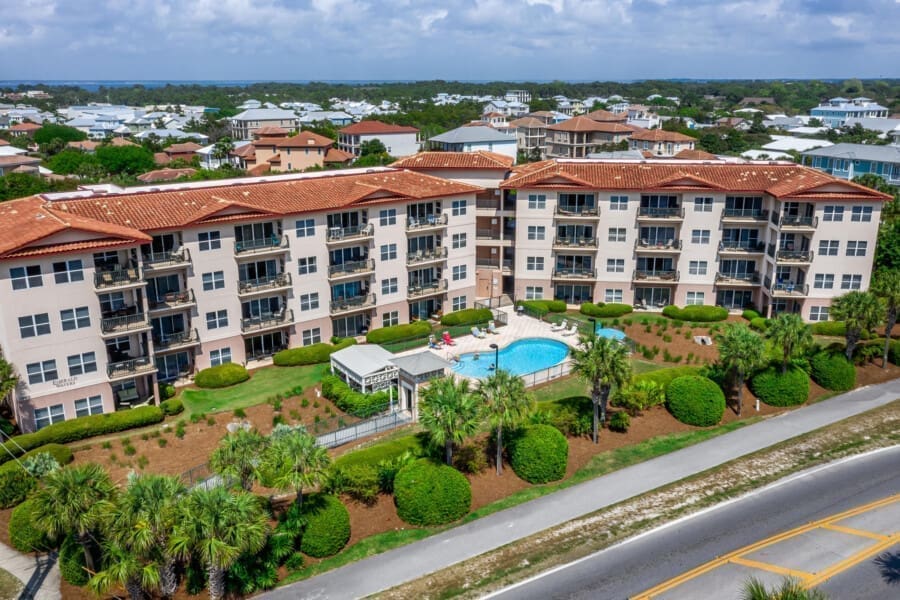 Beach Condos in Destin FL | Book Vacation Rentals Online #Aerial view of Emerald Waters -- Beach condo rentals Destin Florida.