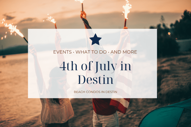 Where to watch Fireworks July 4th | Beach Condos in Destin #People celebrate the 4th of July on a beach at sunset, holding torches and an American flag; overlay text promotes Destin events.