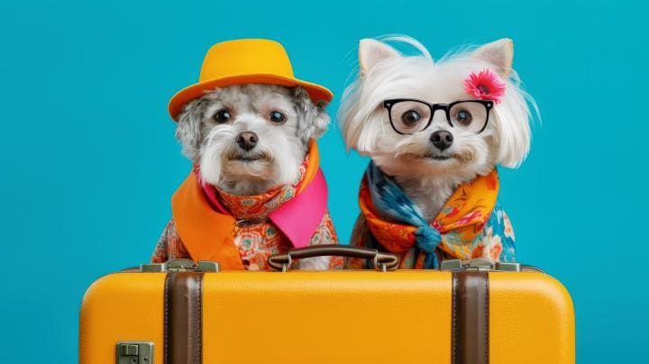 Pets dressed in clothes and a travel suitcase on a blue background Couple of dogs ready with the suitcase travel to go on vacation Concept Travelling with pet Generative Ai | Beach Condos in Destin Pets dressed in clothes and a travel suitcase on a blue background Couple of dogs ready with the suitcase travel to go on vacation Concept Travelling with pet Generative Ai | Beach Condos in Destin #