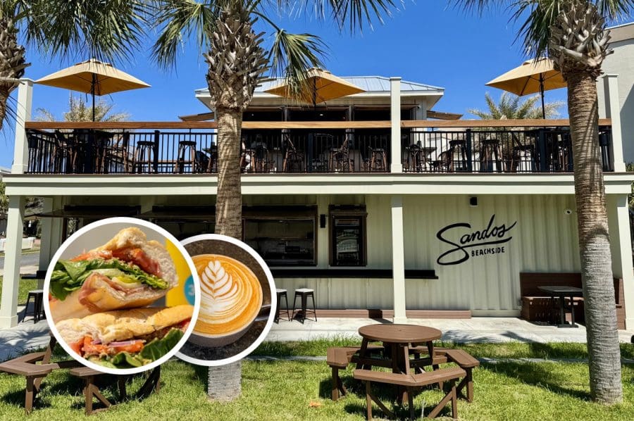 Local Favorite Coffee Shops – Destin Fl | Beach Condos in Destin #Exterior view of Sando's Beachside cafe with palm trees and balcony seating; circular insets show a sandwich and a latte.