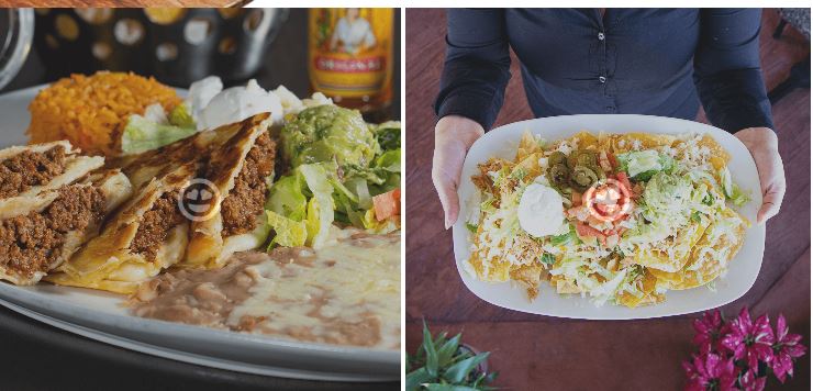 🌮 Taco Tuesday + Cinco de Mayo in Destin: The Best Mexican Restaurants Near Your Beach Condo | Beach Condos in Destin #Two-panel image: left plate with folded tacos, melted cheese, refried beans, guacamole and salad; right person holding a bowl of loaded nachos topped with sour cream, salsa, lettuce and jalapeños.