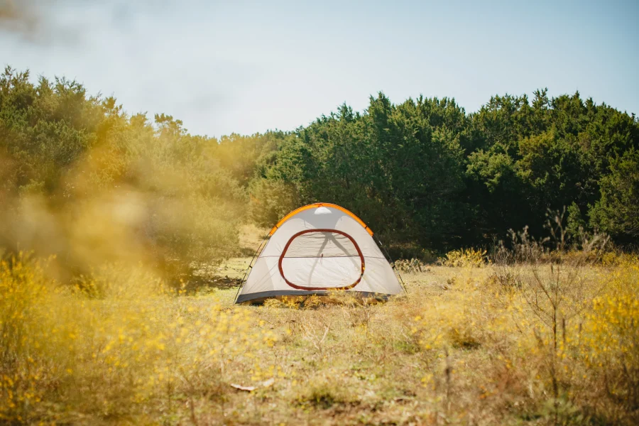 State Parks Near Destin/Miramar Beach | Beach Condos in Destin #Orange-and-white camping tent pitched in a field of yellow wildflowers with a forest backdrop under a clear blue sky.