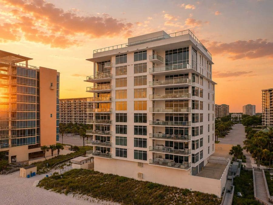 Luxury Beach Front Condos In Destin_1448w | Beach Condos in Destin 1900 Ninety Eight | Beach Condos in Destin #White beachfront apartment building with multiple balconies at sunset, palm trees and sand in the foreground.